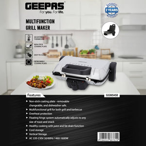 Geepas Multifunction Grill Maker GGM5458 |Powerful Electric Grill with Non-Stick Plates| Adjustable Thermostat Control| Cool-Touch Handle| Easy Cleaning| 2 Years Warranty