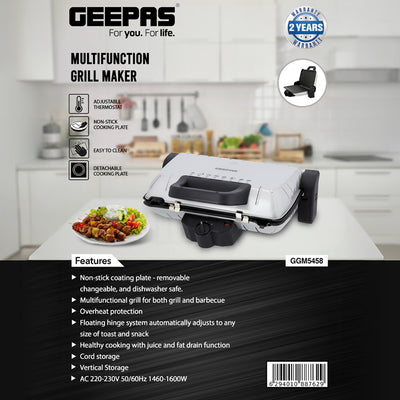 Geepas Multifunction Grill Maker GGM5458 |Powerful Electric Grill with Non-Stick Plates| Adjustable Thermostat Control| Cool-Touch Handle| Easy Cleaning| 2 Years Warranty
