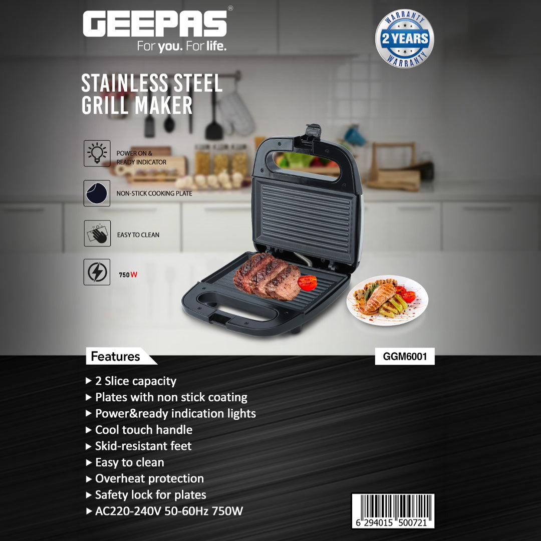 Geepas GGM6001 Stainless Steel Grill Maker | 2 Slice Capacity| 750W Power| Non-Stick Plates| Overheat Protection| Power Indicator| Easy to Clean|  2 Years Warranty