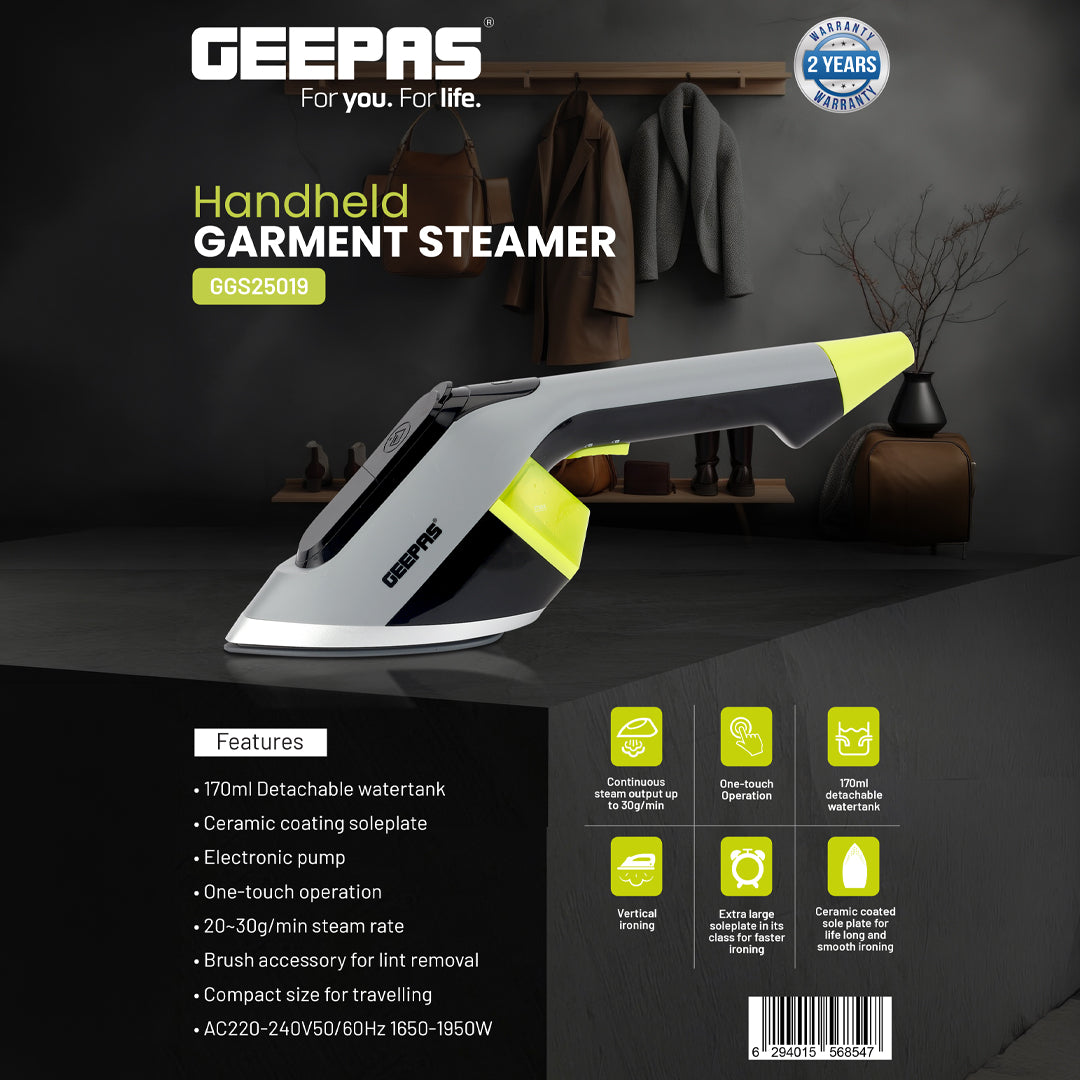 Geepas GGS25019 Handheld Garment Steamer | 1650–1950W | 170ml Water Tank | Ceramic Soleplate | 30g/min Steam | Travel-Friendly & Vertical Ironing | 2 Years Warranty