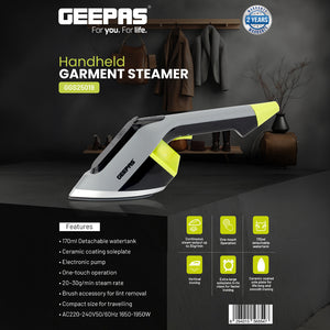 Geepas GGS25019 Handheld Garment Steamer | 1650–1950W | 170ml Water Tank | Ceramic Soleplate | 30g/min Steam | Travel-Friendly & Vertical Ironing | 2 Years Warranty