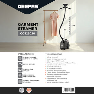 Geepas GGS25020 Garment Steamer | 2000W Powerful Upright Steamer with 3L Water Tank | 46g/min Continuous Steam | 2 Speed Settings | Adjustable Pole | 2 Years Warranty