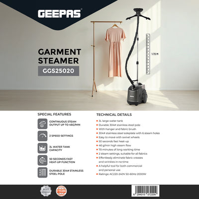 Geepas GGS25020 Garment Steamer | 2000W Powerful Upright Steamer with 3L Water Tank | 46g/min Continuous Steam | 2 Speed Settings | Adjustable Pole | 2 Years Warranty