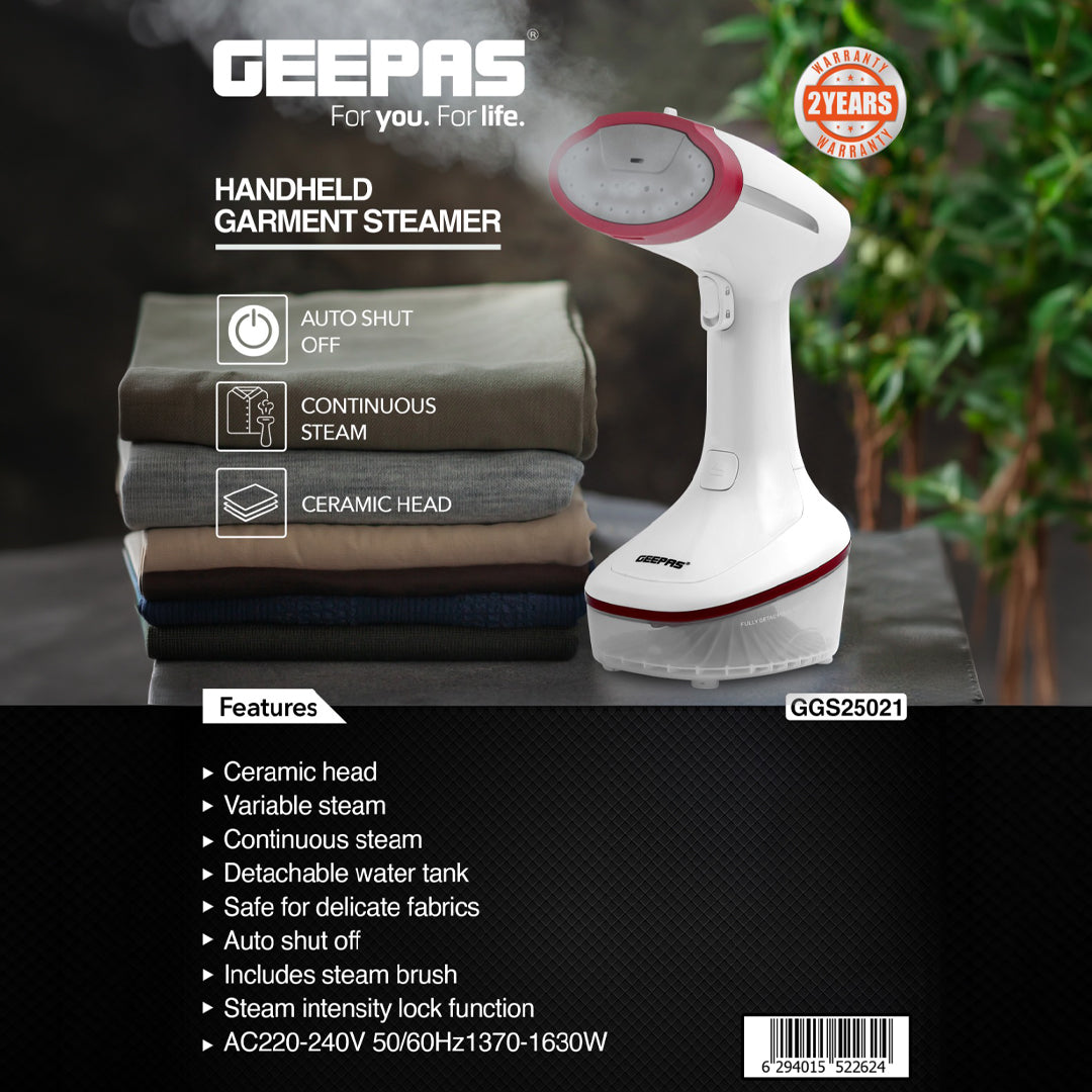 Geepas GGS25021 Handheld Garment Steamer | 1630W Power|  Ceramic Head|  Continuous & Variable Steam|  Detachable Tank|  Auto Shut Off|  Travel-Friendly|  2 Years Warranty