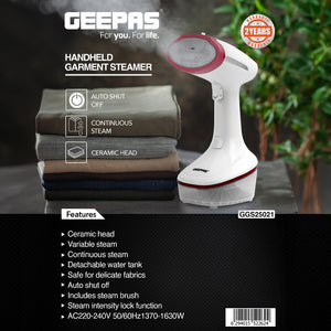 Geepas GGS25021 Handheld Garment Steamer | 1630W Power|  Ceramic Head|  Continuous & Variable Steam|  Detachable Tank|  Auto Shut Off|  Travel-Friendly|  2 Years Warranty