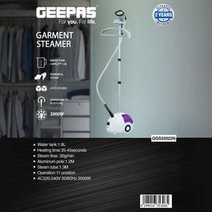Geepas GGS25022 Garment Steamer | 2000W Power| 1.8L Water Tank | 35s Fast Heating | 30g/min Steam Flow | 11-Position Adjustable Pole | 2 Ice Boxes | 2 Years Warranty