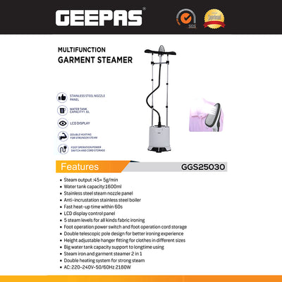 Geepas GGS25030 Multifunction Garment Steamer | 1.6L Water Tank| LCD Display| 5 Steam Levels| Stainless Steel Nozzle| Double Heating| 2180W Power| 2-in-1 Steamer & Iron