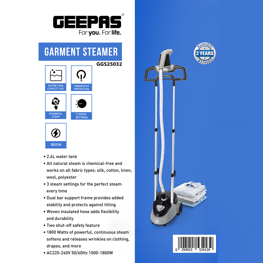 Geepas GGS25032 Garment Steamer | 2.6L Water Tank, 1800W Power | 3 Steam Settings| Dual Bar Support | Thermostat Protection | Chemical-Free Steam | 2 Years Warranty