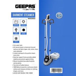 Geepas GGS25032 Garment Steamer | 2.6L Water Tank, 1800W Power | 3 Steam Settings| Dual Bar Support | Thermostat Protection | Chemical-Free Steam | 2 Years Warranty