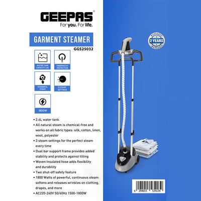 Geepas GGS25032 Garment Steamer | 2.6L Water Tank, 1800W Power | 3 Steam Settings| Dual Bar Support | Thermostat Protection | Chemical-Free Steam | 2 Years Warranty