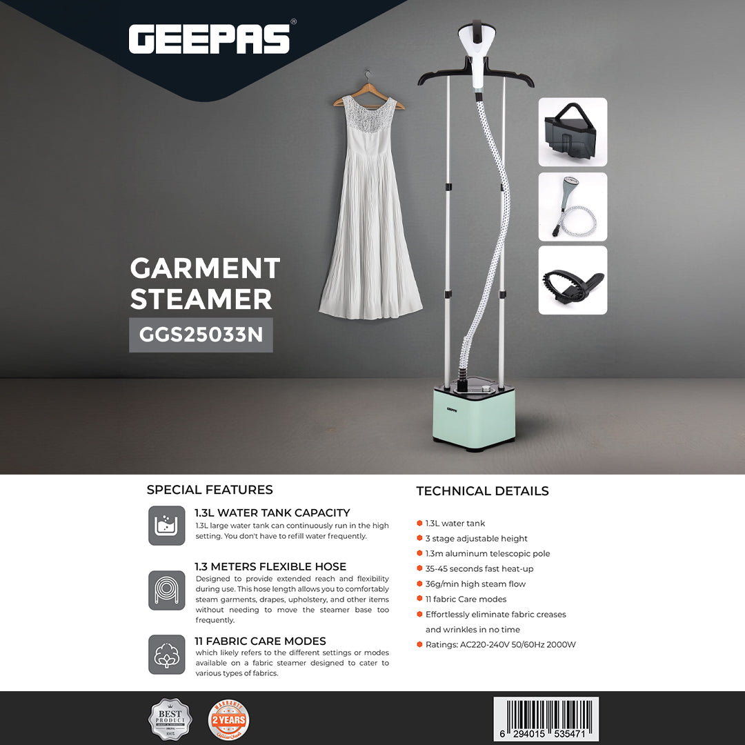 Geepas GGS25033 2000W Garment Steamer | 1.3L Water Tank | 11 Fabric Care Modes | Fast Heat-Up |  Adjustable Pole & Wheels | Perfect for All Fabrics | 2 Years Warranty