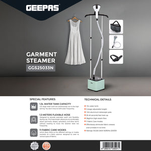 Geepas GGS25033 2000W Garment Steamer | 1.3L Water Tank | 11 Fabric Care Modes | Fast Heat-Up |  Adjustable Pole & Wheels | Perfect for All Fabrics | 2 Years Warranty