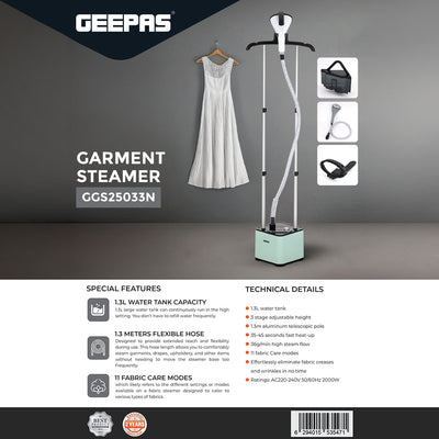 Geepas GGS25033 2000W Garment Steamer | 1.3L Water Tank | 11 Fabric Care Modes | Fast Heat-Up |  Adjustable Pole & Wheels | Perfect for All Fabrics | 2 Years Warranty