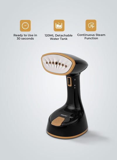 Geepas GGS25034 Handheld Garment Steamer |1240-1470W| 120ml Tank| 21g/min Continuous Steam |30s Heat-Up| Foldable| Stainless Steel Head| Travel-Friendly| 2 Years Warranty