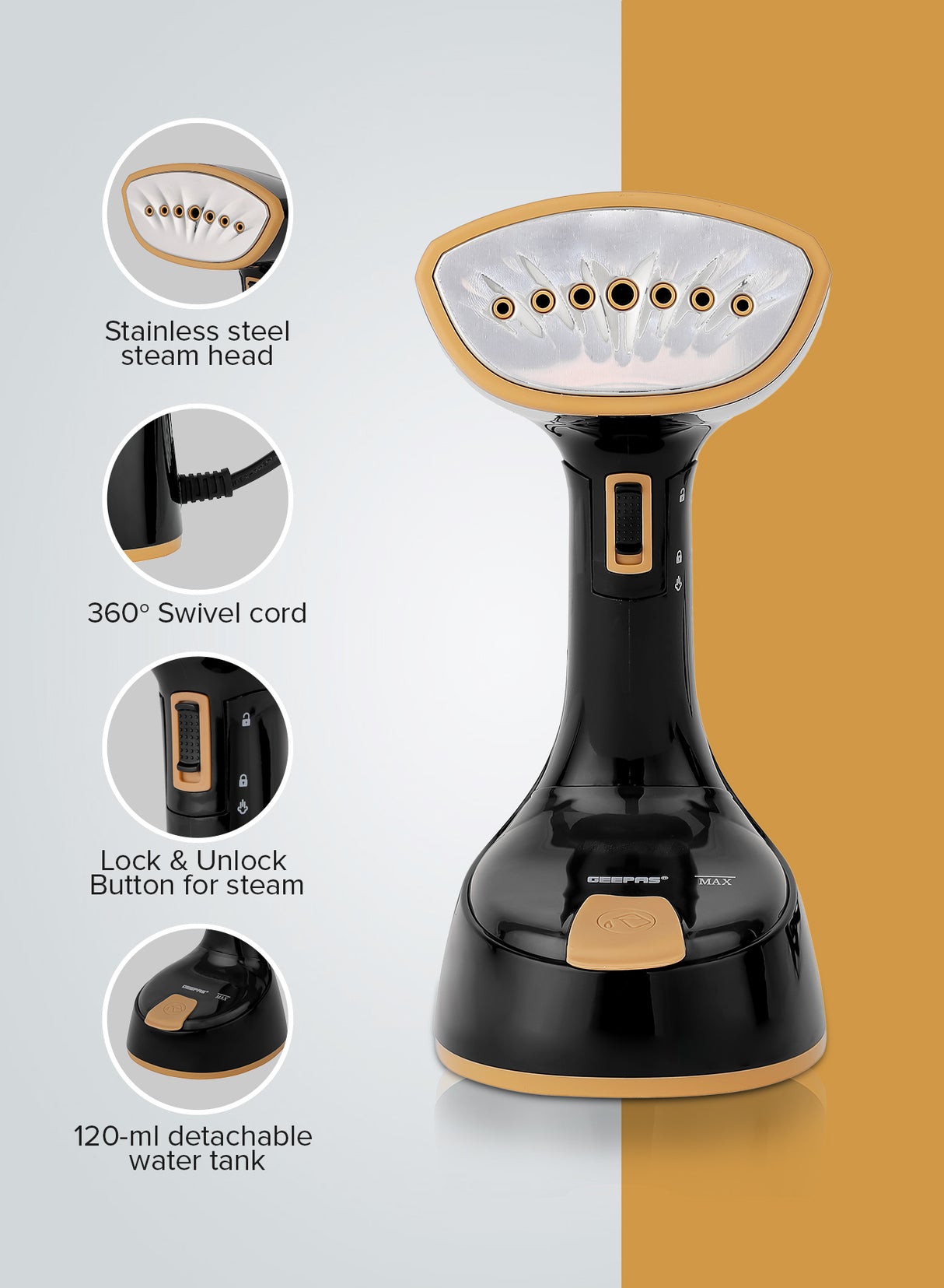 Geepas GGS25034 Handheld Garment Steamer |1240-1470W| 120ml Tank| 21g/min Continuous Steam |30s Heat-Up| Foldable| Stainless Steel Head| Travel-Friendly| 2 Years Warranty