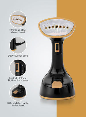 Geepas GGS25034 Handheld Garment Steamer |1240-1470W| 120ml Tank| 21g/min Continuous Steam |30s Heat-Up| Foldable| Stainless Steel Head| Travel-Friendly| 2 Years Warranty