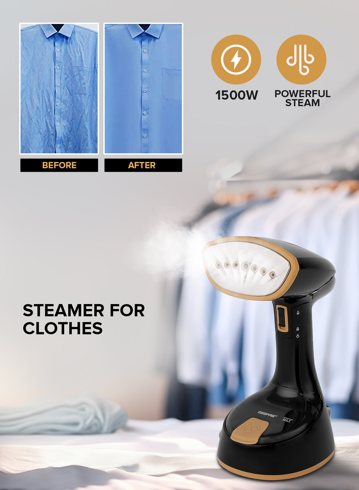 Geepas GGS25034 Handheld Garment Steamer |1240-1470W| 120ml Tank| 21g/min Continuous Steam |30s Heat-Up| Foldable| Stainless Steel Head| Travel-Friendly| 2 Years Warranty