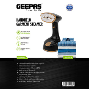 Geepas GGS25034 Handheld Garment Steamer |1240-1470W| 120ml Tank| 21g/min Continuous Steam |30s Heat-Up| Foldable| Stainless Steel Head| Travel-Friendly| 2 Years Warranty