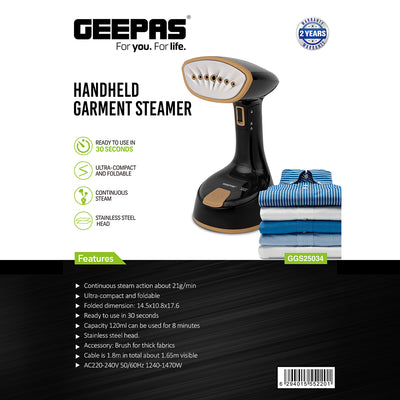 Geepas GGS25034 Handheld Garment Steamer |1240-1470W| 120ml Tank| 21g/min Continuous Steam |30s Heat-Up| Foldable| Stainless Steel Head| Travel-Friendly| 2 Years Warranty