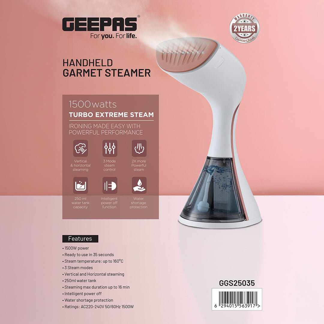 Geepas Handheld Garment Steamer GGS25035 | 1500W, Heats in 35s, 3 Modes with Turbo, 250ml Tank | Safe for All Fabrics & Delicates | White & Pink, 2-Year Warranty