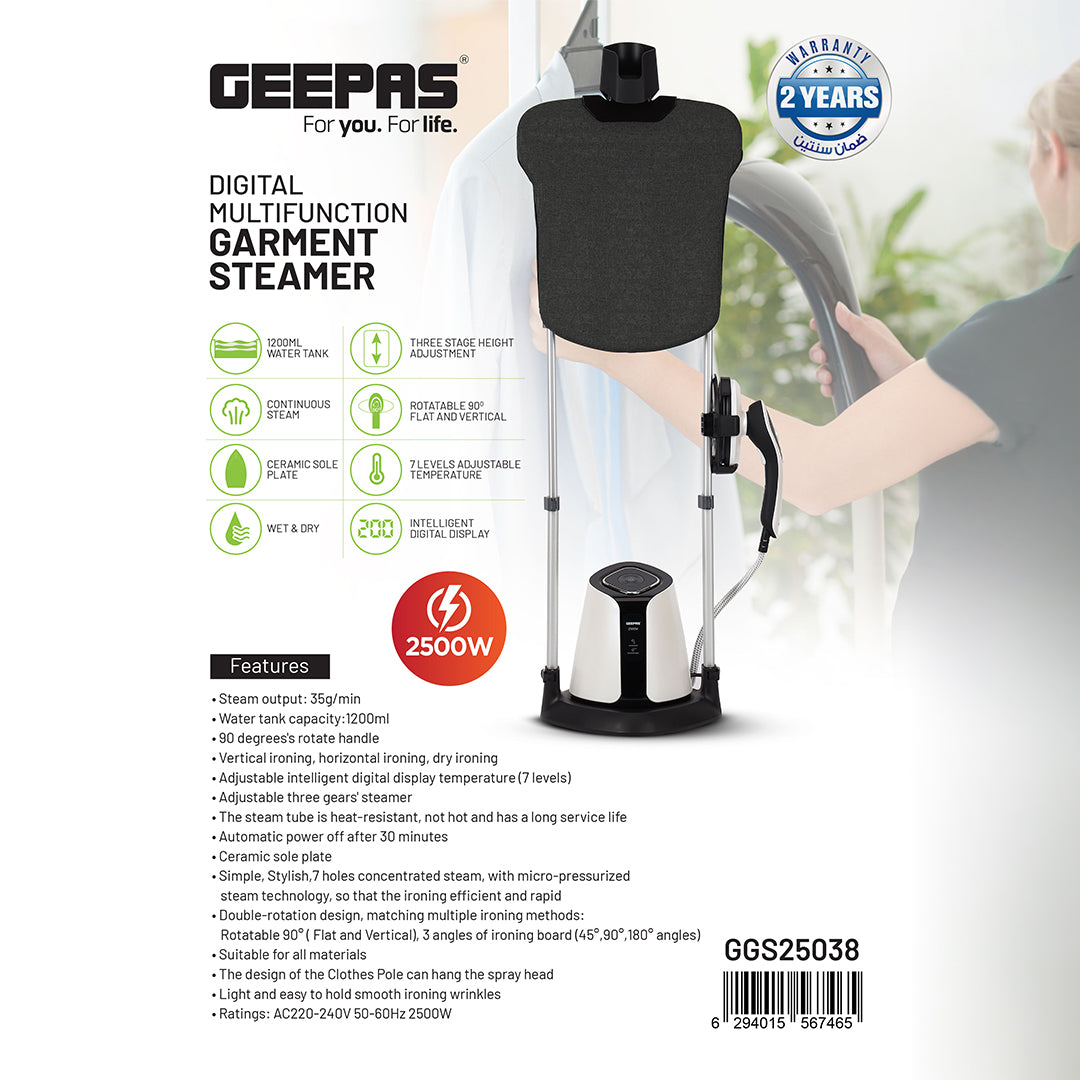 Geepas Digital Multifunction Garment Steamer | 2500W Power  with 7 Level Temperature Control | Fast Heat-Up | Continuous Steam & Wrinkle Removal | 2 Years Warranty