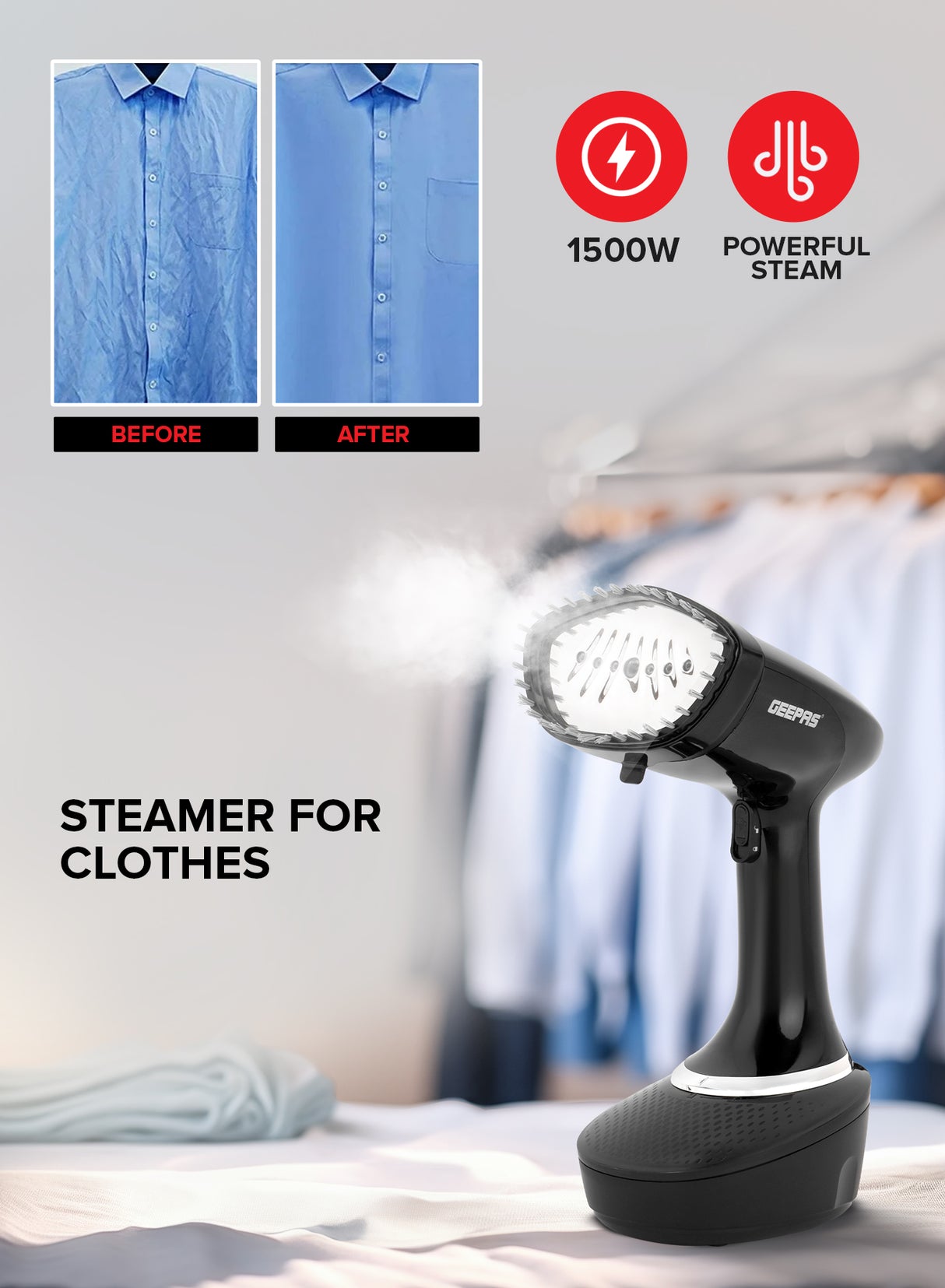 Geepas GGS25041 Handheld Garment Steamer | 1500W| 400ml Detachable Water Tank| 25g/min Steam | Stainless Steel Panel| Vertical Ironing| Fast Heat-Up| 2 Years Warranty