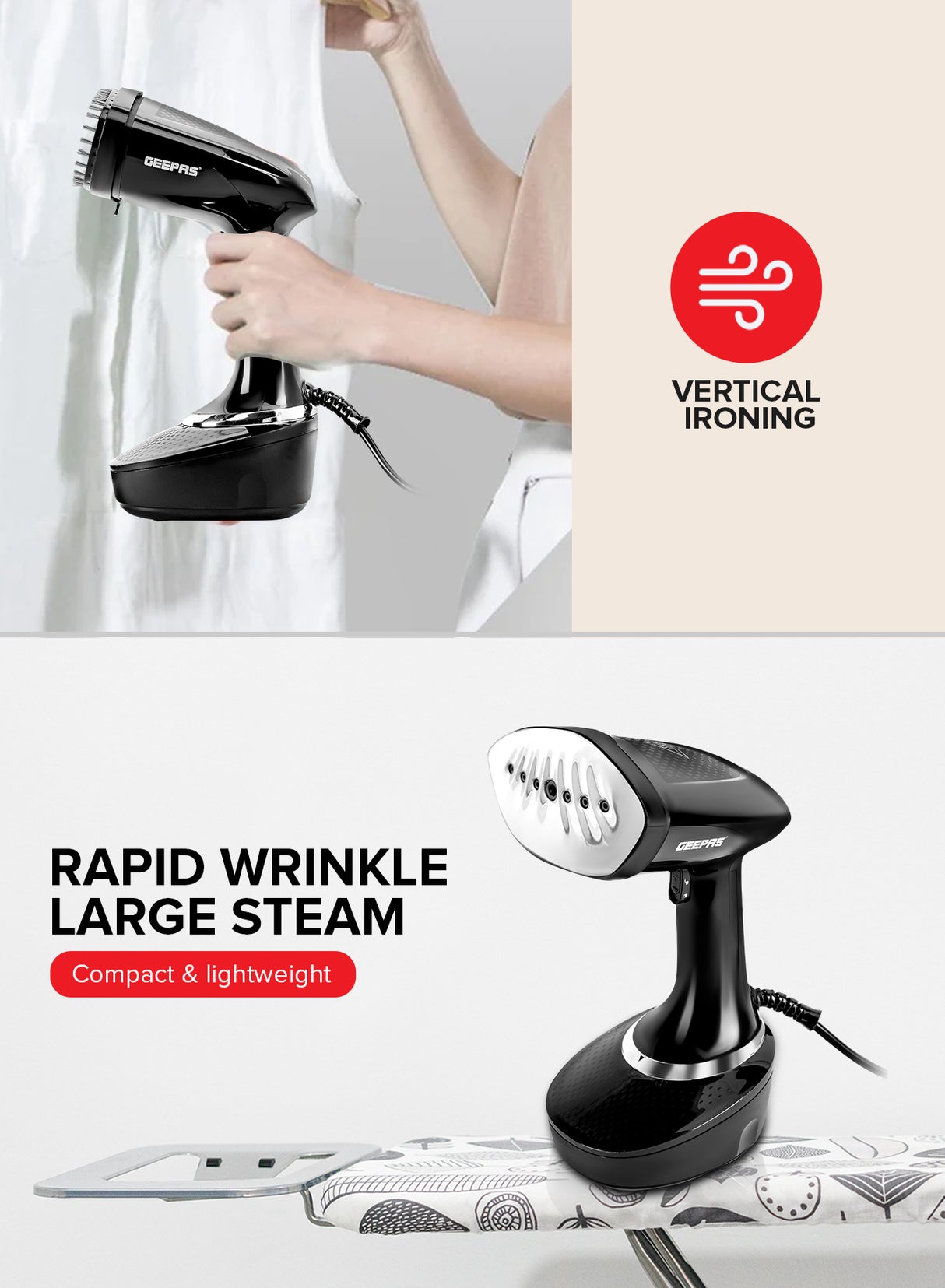 Geepas GGS25041 Handheld Garment Steamer | 1500W| 400ml Detachable Water Tank| 25g/min Steam | Stainless Steel Panel| Vertical Ironing| Fast Heat-Up| 2 Years Warranty
