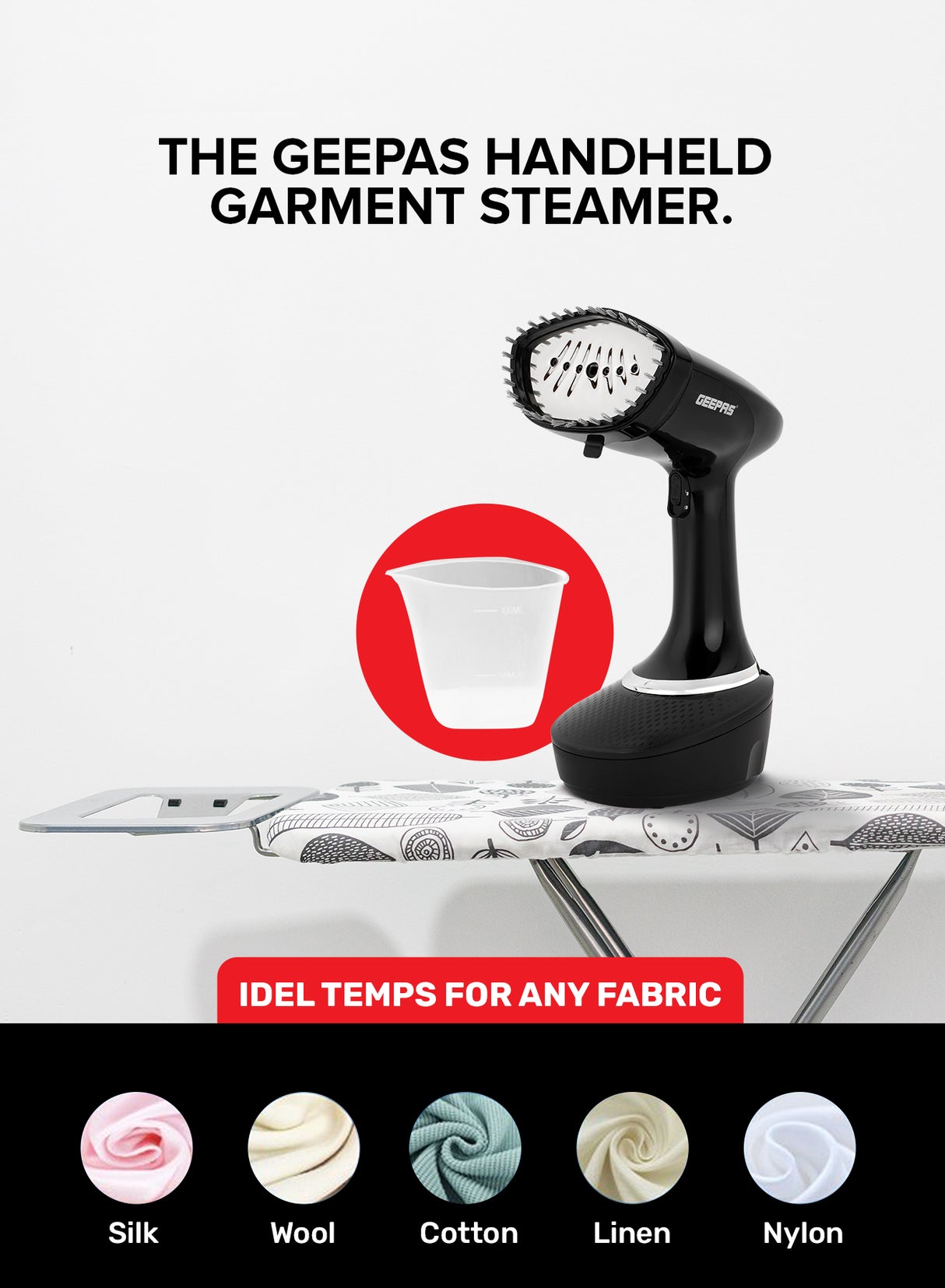 Geepas GGS25041 Handheld Garment Steamer | 1500W| 400ml Detachable Water Tank| 25g/min Steam | Stainless Steel Panel| Vertical Ironing| Fast Heat-Up| 2 Years Warranty