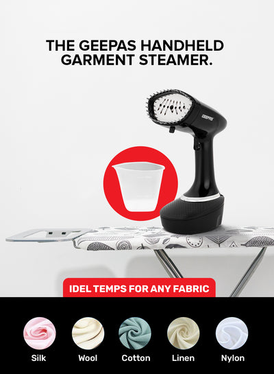 Geepas GGS25041 Handheld Garment Steamer | 1500W| 400ml Detachable Water Tank| 25g/min Steam | Stainless Steel Panel| Vertical Ironing| Fast Heat-Up| 2 Years Warranty
