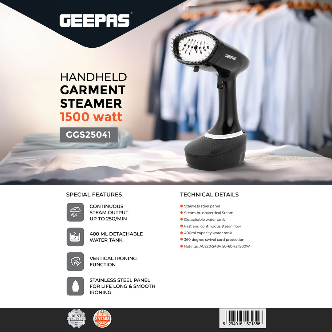 Geepas GGS25041 Handheld Garment Steamer | 1500W| 400ml Detachable Water Tank| 25g/min Steam | Stainless Steel Panel| Vertical Ironing| Fast Heat-Up| 2 Years Warranty