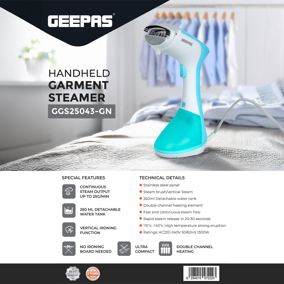 Geepas GGS25043-GN Handheld Garment Steamer | 1300W with Fast Heat-Up| Continuous Steam 25g/min| 260ml Detachable Tank| Vertical Ironing| Compact Design & 2 Year Warranty