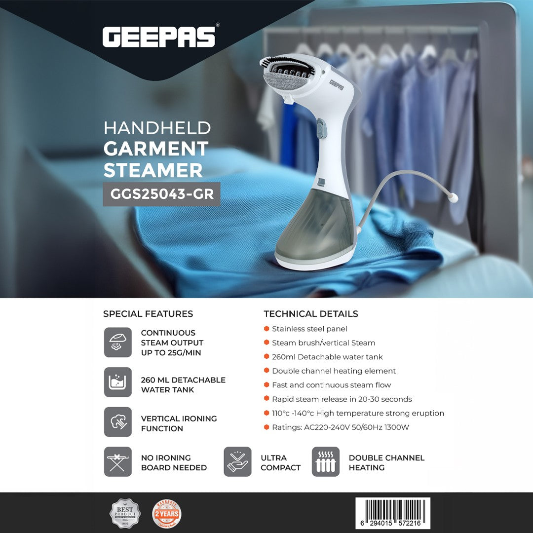 Geepas GGS25043-GR Handheld Garment Steamer | 1300W with 260ml Detachable Tank| Fast Heat-Up| Continuous Steam 25g/min| Vertical Ironing| Compact Design & 2 Year Warranty