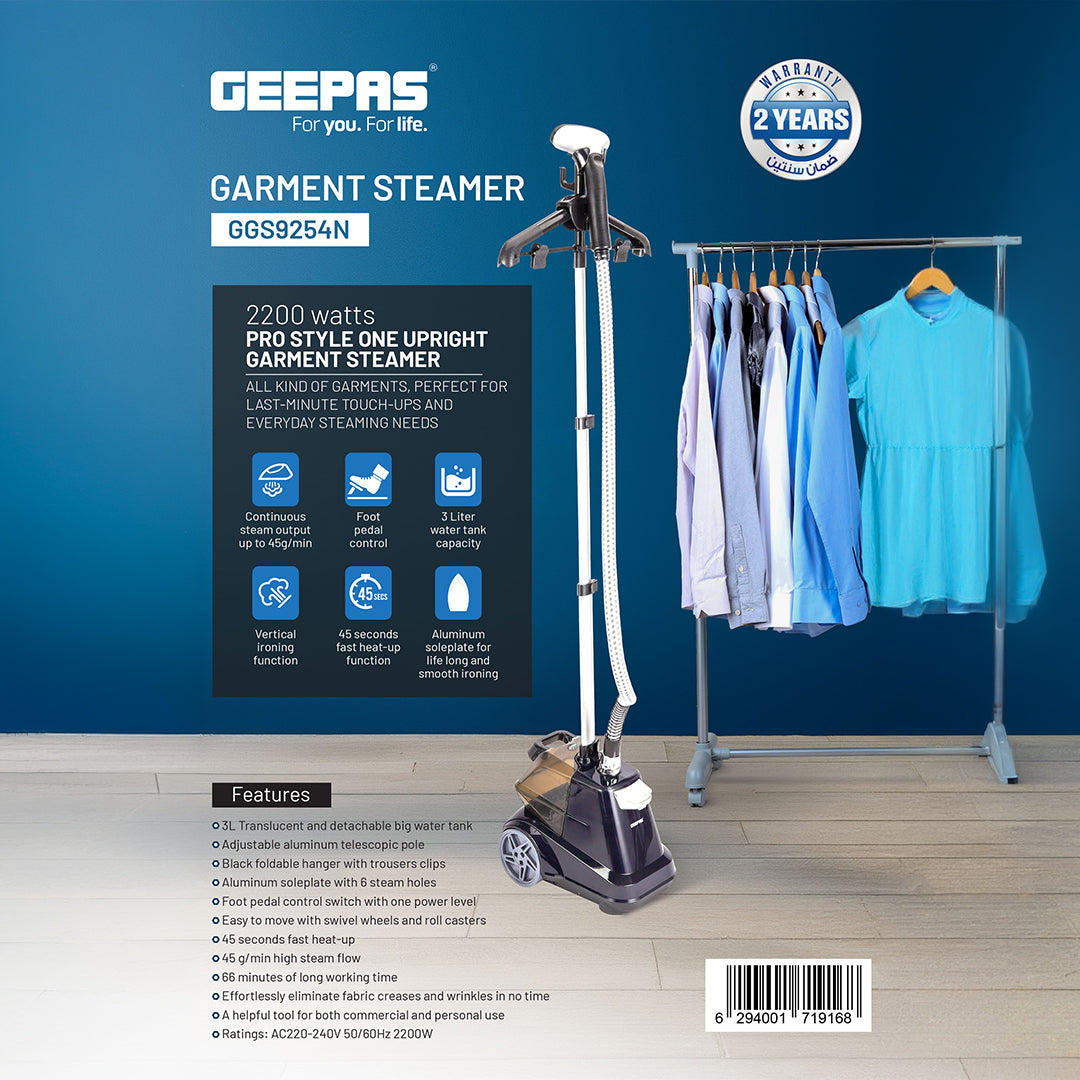 Geepas GGS9254 Pro Style Garment Steamer | 2200W Powerful Upright Steamer with 3L Water Tank | Fast Heat-Up | Continuous Steam | Adjustable Pole |  2 Years Warranty