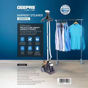 Geepas GGS9254 Pro Style Garment Steamer | 2200W Powerful Upright Steamer with 3L Water Tank | Fast Heat-Up | Continuous Steam | Adjustable Pole |  2 Years Warranty