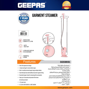 Geepas GGS9691 1800W Garment Steamer | 1.7L Water Tank| 3 Steam Settings | Ultra-Fast 45s Heat-Up | 40 Min Continuous Steam | Dual Telescopic Bars |  1 Year Warranty