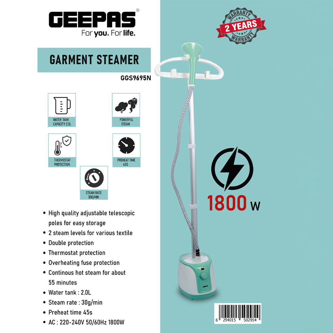 Geepas Garment Steamer GGS9695 | 1800W Powerful Fabric Steamer | Large 2L Water Tank| Fast Heating| Easy to Use | Portable Design | Safe Operation | 2 Years Warranty