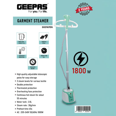 Geepas Garment Steamer GGS9695 | 1800W Powerful Fabric Steamer | Large 2L Water Tank| Fast Heating| Easy to Use | Portable Design | Safe Operation | 2 Years Warranty