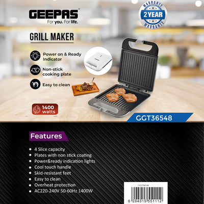 Geepas Grill Maker- GGT36548| Non-Stick Cooking Plates with Overheat Protection, Perfect for Grilling Vegetables, Chicken, Meat, etc| 4 Slice Capacity, 1400 W| White