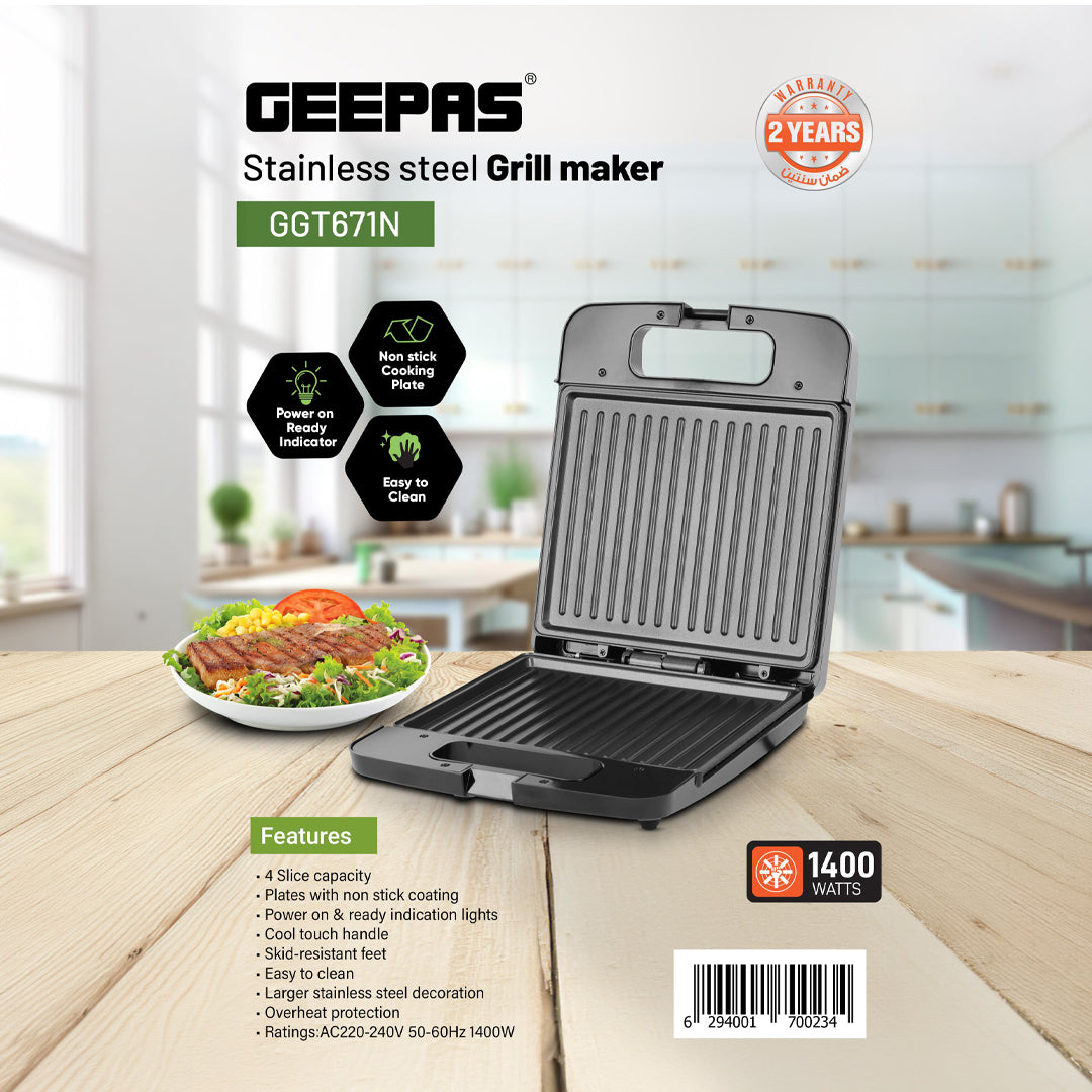 Geepas 4-Slice Stainless Steel Grill Maker GGT671 | Family Size Electric Grill with Non-Stick Plates| Adjustable Temperature| Easy Cleaning| Durable |2 Years Warranty