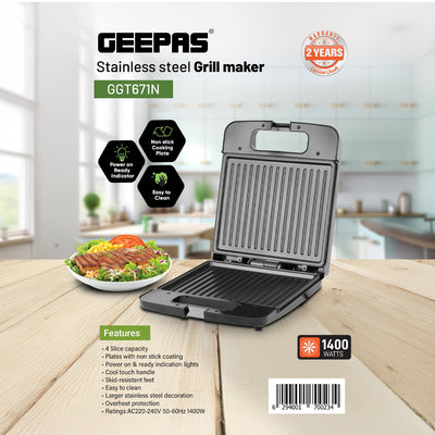 Geepas 4-Slice Stainless Steel Grill Maker GGT671 | Family Size Electric Grill with Non-Stick Plates| Adjustable Temperature| Easy Cleaning| Durable |2 Years Warranty