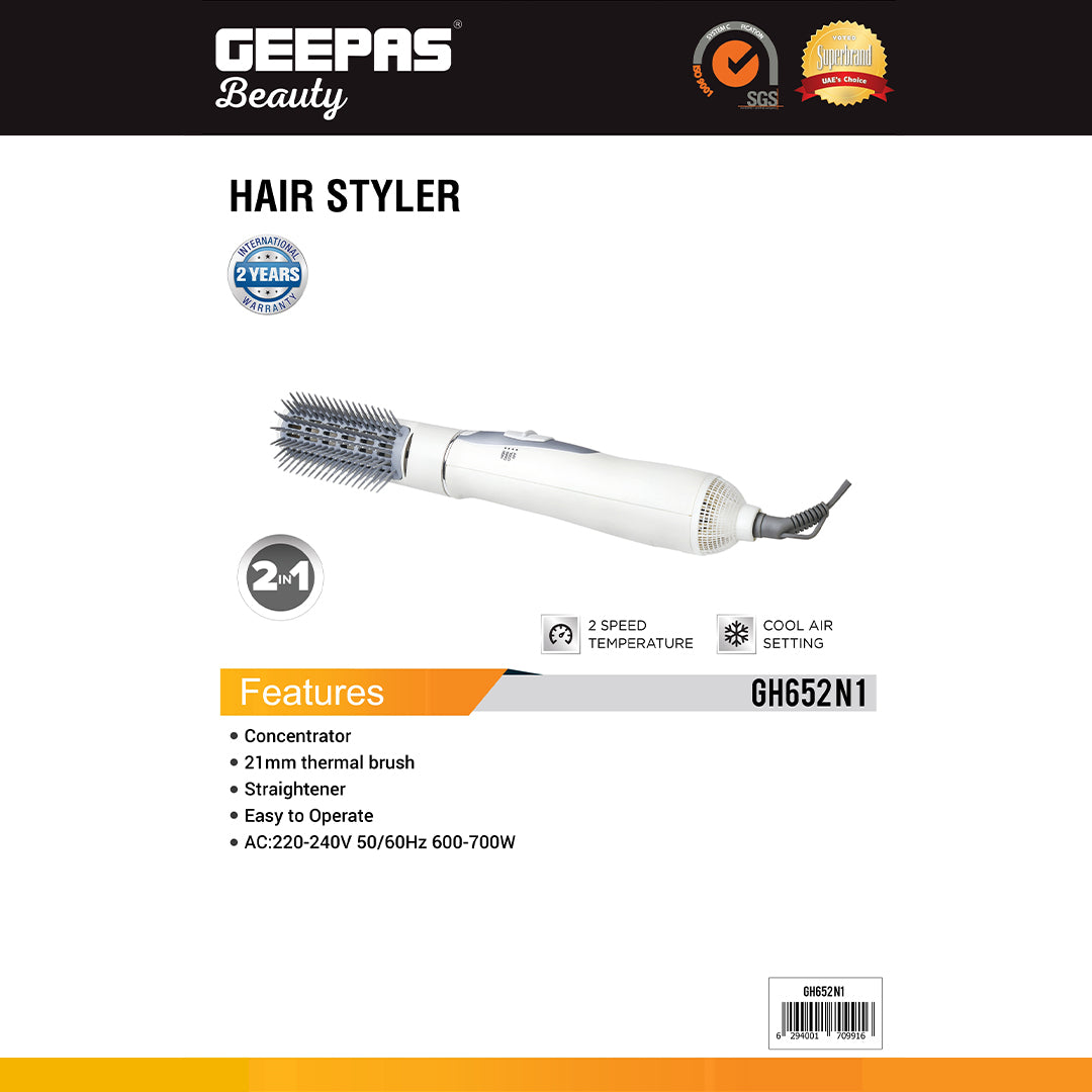 Geepas GH652 1 2-in-1 Hair Styler |700W Hair Dryer & Straightener with 21mm Thermal Brush| Cool Air Setting| 2 Speed Temperature Control & Concentrator| 2-Year Warranty