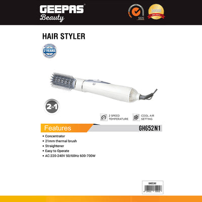 Geepas GH652 1 2-in-1 Hair Styler |700W Hair Dryer & Straightener with 21mm Thermal Brush| Cool Air Setting| 2 Speed Temperature Control & Concentrator| 2-Year Warranty