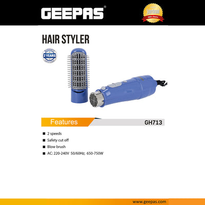 Geepas GH713 Hair Styler | 2-Speed Blow Brush with Safety Cut-Off | 650–750W Powerful Hair Dryer for Smooth Styling| Compact & Travel-Friendly Design | 2-Year Warranty