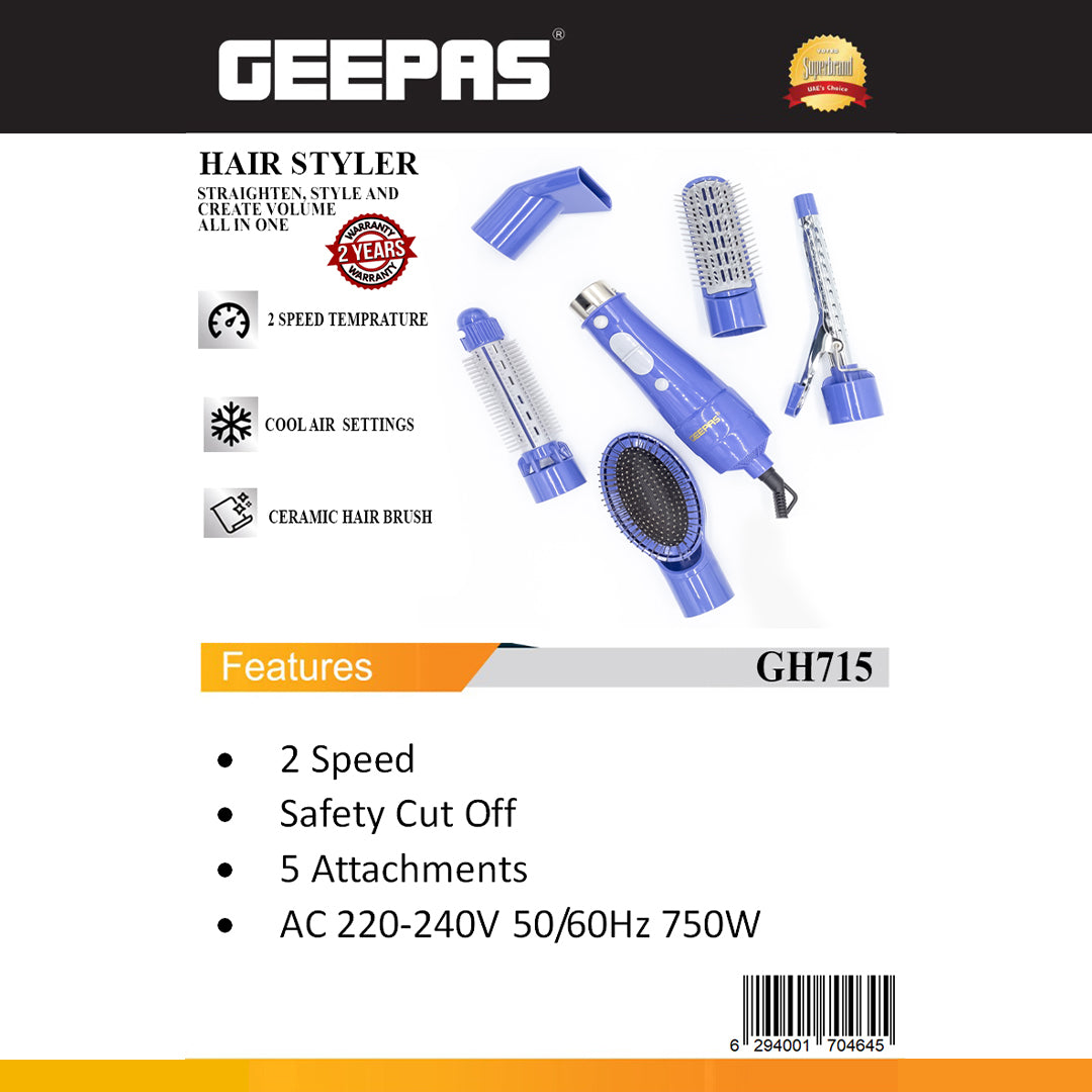 Geepas GH715 6-in-1 Hair Styler 750W - 2 Speed Settings, Overheat Protection, 360 Swivel Cord & Cool Function - Multi-Functional Salon Hair Styler | 2 Years Warranty