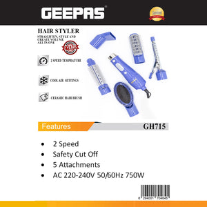 Geepas GH715 6-in-1 Hair Styler 750W - 2 Speed Settings, Overheat Protection, 360 Swivel Cord & Cool Function - Multi-Functional Salon Hair Styler | 2 Years Warranty