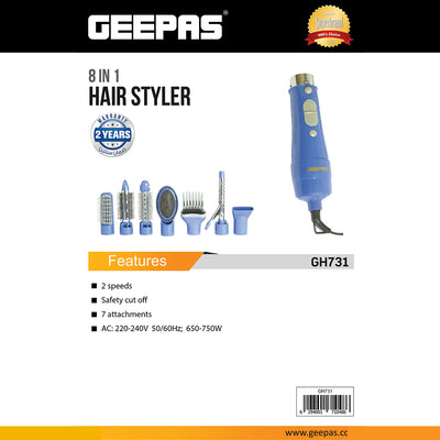 Geepas GH731 8-in-1 Hair Styler | 750W | 7 Attachments | 2 Speed Settings | Safety Cut-Off| Multi-Styling Tool for Curling, Straightening & Drying | 2-Year Warranty