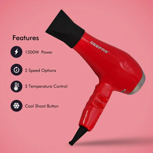 Geepas GH8078 Hair Dryer|1500W Powerful DC Motor| 3 Heat & 2 Speed Settings| Cool Shot Function| Overheat Protection| Detachable Filter| Long-Life Motor| 2 Years Warranty