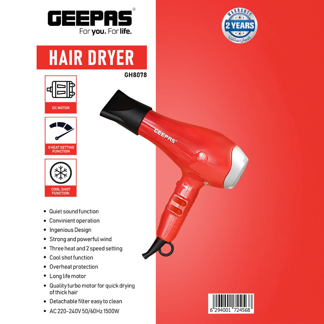 Geepas GH8078 Hair Dryer|1500W Powerful DC Motor| 3 Heat & 2 Speed Settings| Cool Shot Function| Overheat Protection| Detachable Filter| Long-Life Motor| 2 Years Warranty