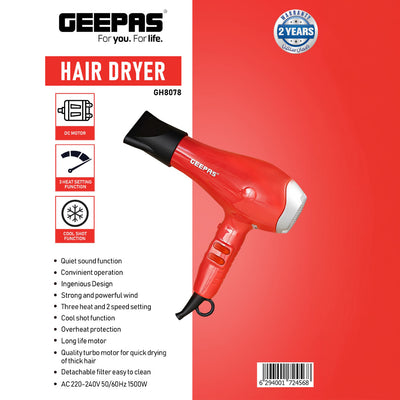 Geepas GH8078 Hair Dryer|1500W Powerful DC Motor| 3 Heat & 2 Speed Settings| Cool Shot Function| Overheat Protection| Detachable Filter| Long-Life Motor| 2 Years Warranty