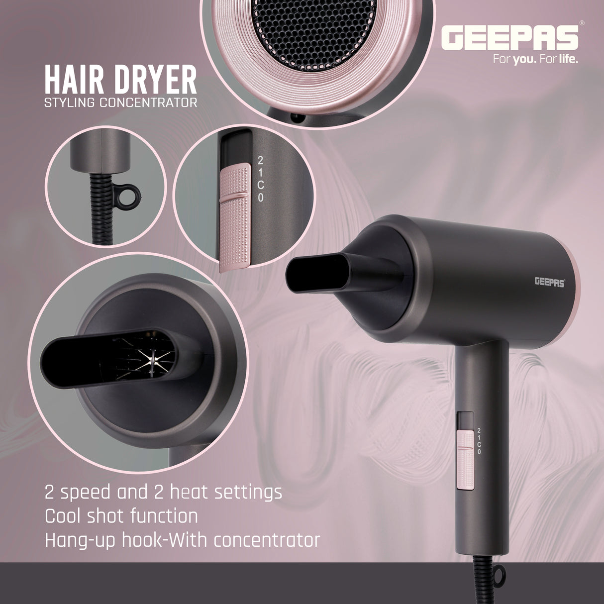 Geepas Hair Dryer, 1800W Cool Shot Function Dryer, GH86061 |  Portable Elegant Hair Dryer for Frizz Free Styling | Durable and Lightweight | 2 Speed and 2 Heat Settings